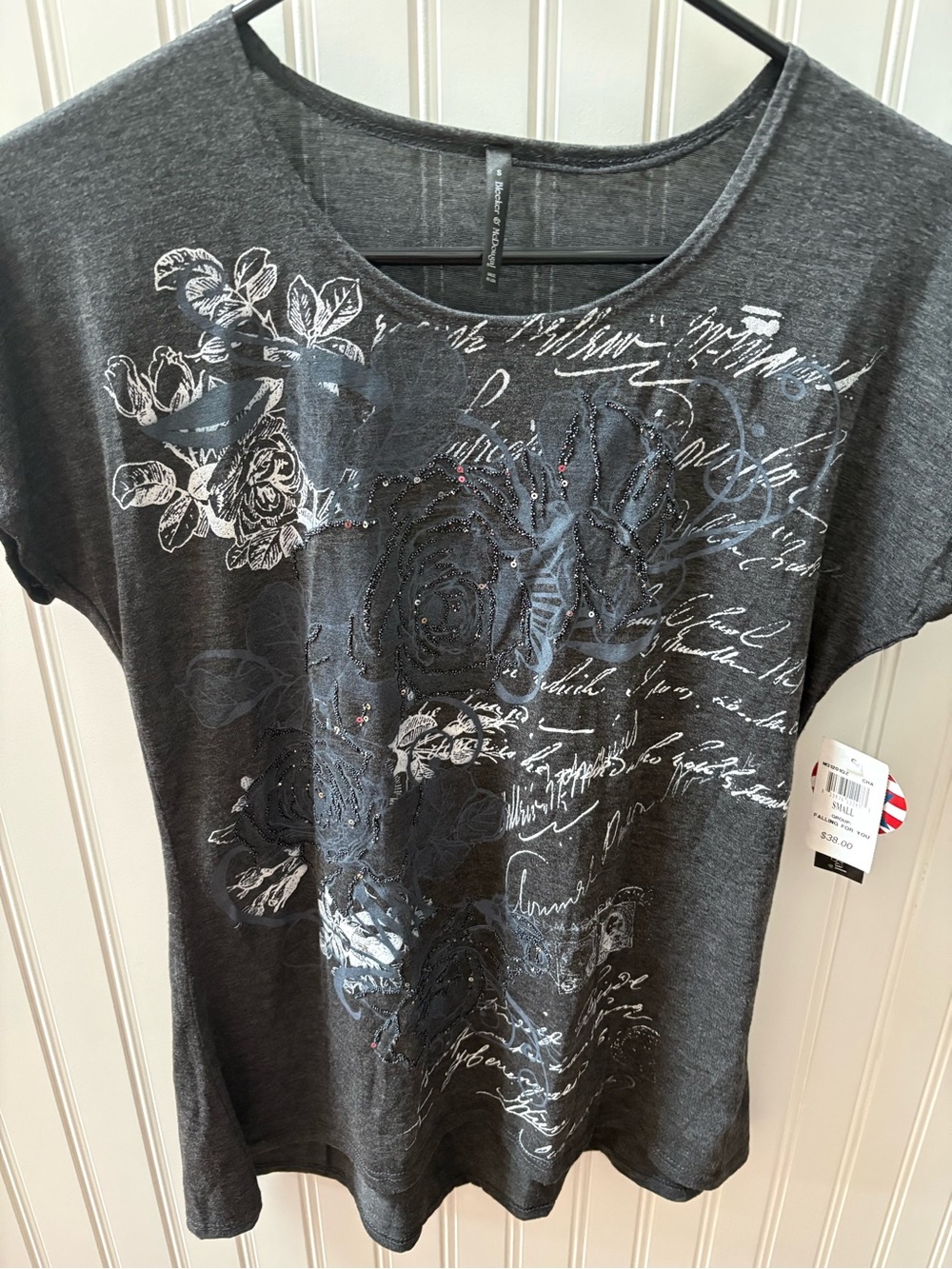 Charcoal Floral Script Short Sleeve Tee-Embellished with beading- NWT